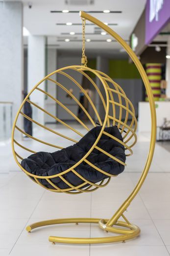 Statement Gold Metal Cage Hanging Chair with Stand | Velvet Black Cushion