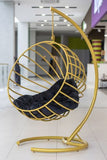 Statement Gold Metal Cage Hanging Chair with Stand | Velvet Black Cushion