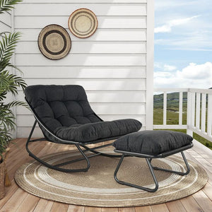 Modern Outdoor Rocking Lounge Chair & Ottoman Set | Deep Gray Cushions