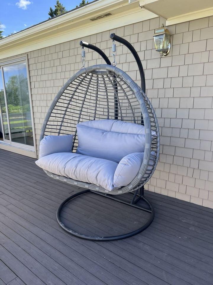 Contemporary Outdoor Hanging Egg Chair | Sculptural Gray Rattan Swing with Stand