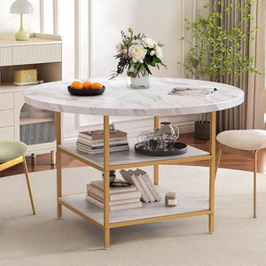 Modern Round Marble Coffee Table with Gold Metal Frame & Storage Shelves