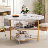 Modern Round Marble Coffee Table with Gold Metal Frame & Storage Shelves