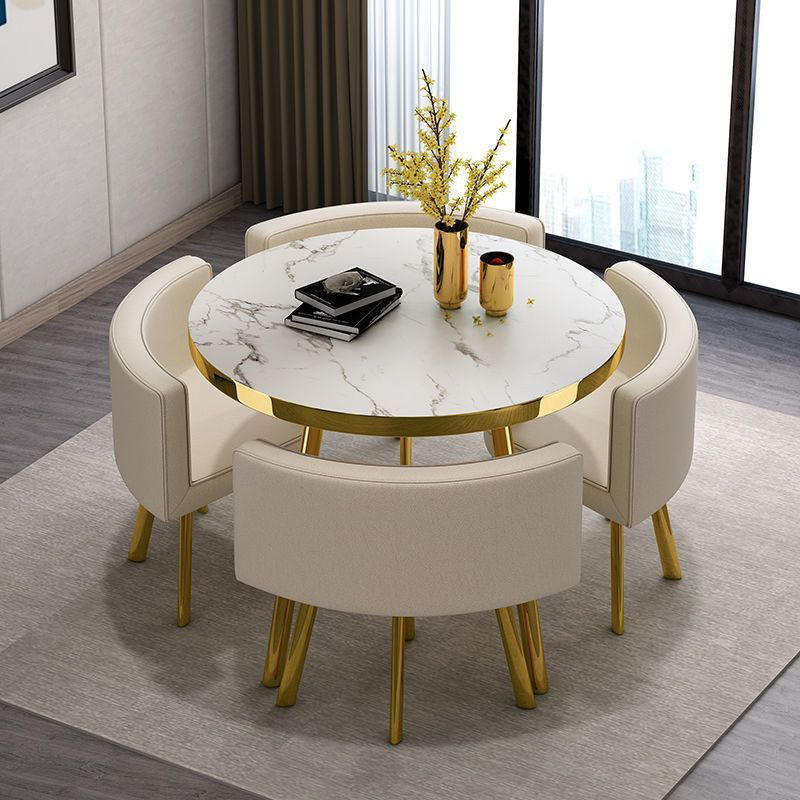 Luxury 4-Seater Round Dining Table Set | White Marble Top & Gold Finish