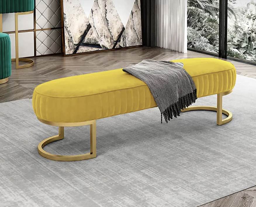 Luxury Upholstered Bench with Gold Metal Legs – Modern Beige Ottoman