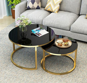 Modern Black Glass Nesting Coffee Table Set – Gold Metal Frame