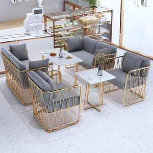 Luxury Gold Metal Sofa Set – 2 Two-Seater Sofas, 2 Single Sofas & 2 Marble Tables