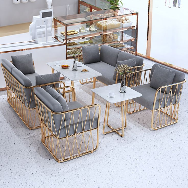 Luxury Gold Metal Sofa Set – 2 Two-Seater Sofas, 2 Single Sofas & 2 Marble Tables