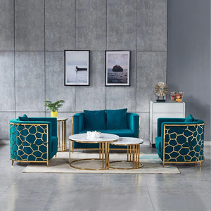 Luxury Teal Velvet Sofa Set with Gold Geometric Frame – Modern Living Room Furniture