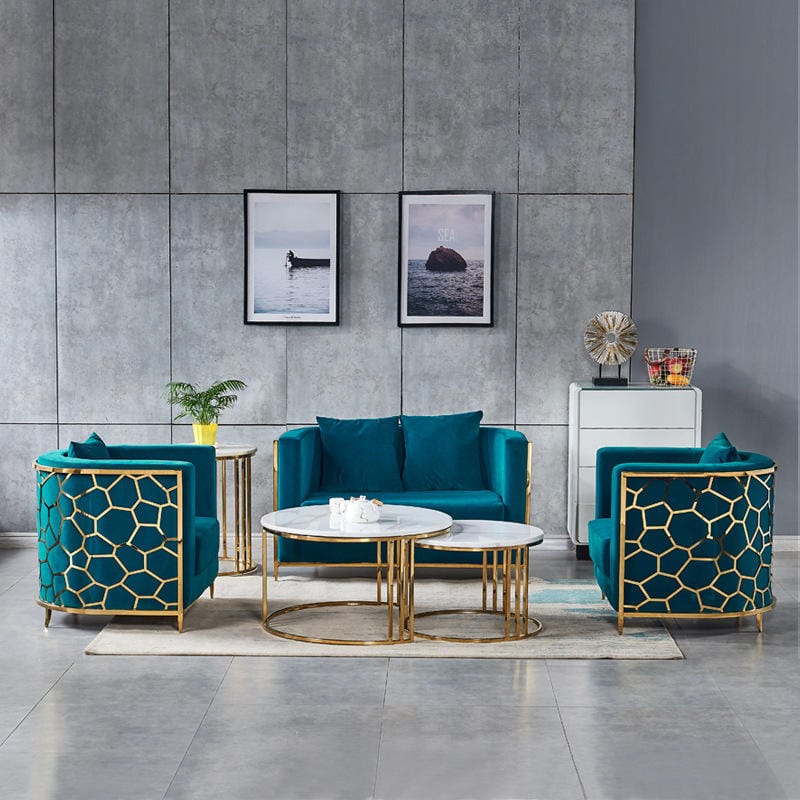Luxury Teal Velvet Sofa Set with Gold Geometric Frame – Modern Living Room Furniture