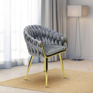 Luxury Grey Braided Velvet Chair with Golden Metal Legs – Modern Accent & Dining Chair