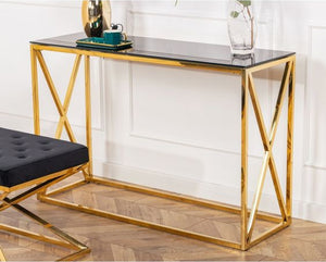 Luxury Gold Metal Console Table with Black Stool – Modern Glass Top Design