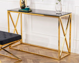 Luxury Gold Metal Console Table with Black Stool – Modern Glass Top Design