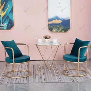 Gold Metal Coffee Sofa Set – 2 Round Chairs with Marble Top Coffee Table