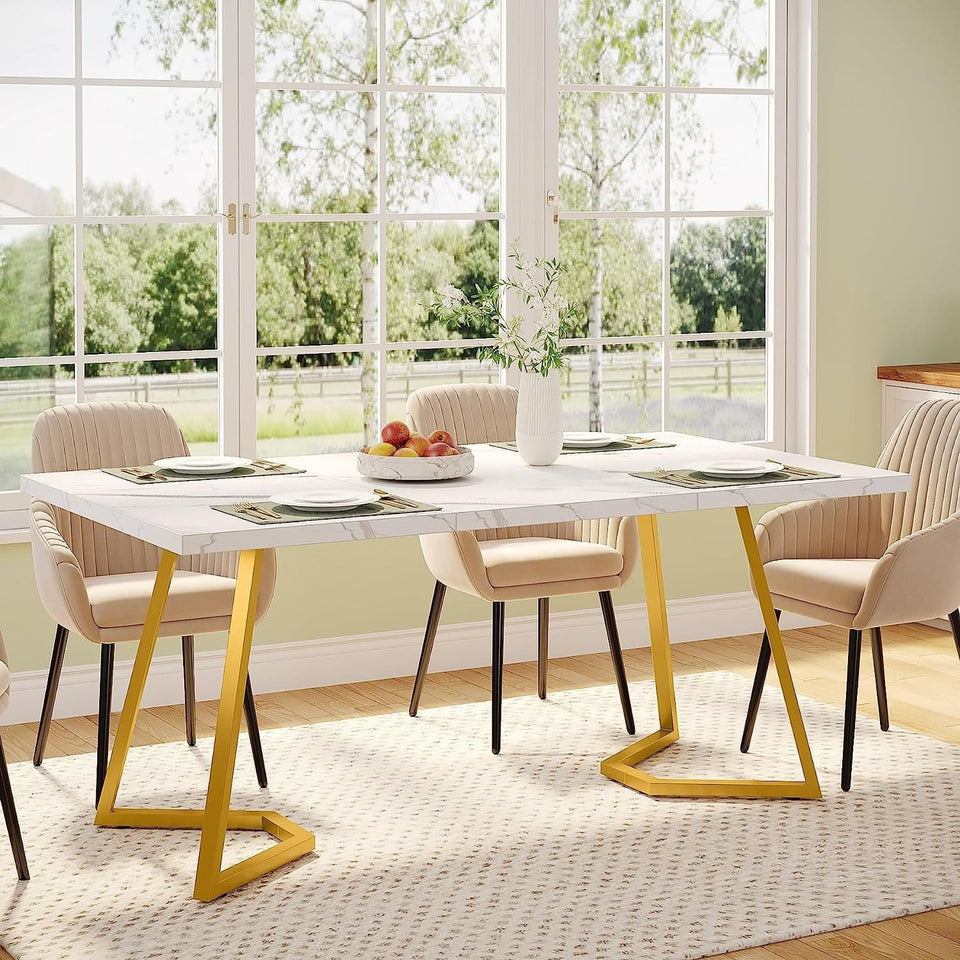Modern White Marble Dining Table with Gold Metal Legs – Luxury Dining Room Furniture