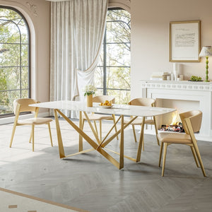 Modern Marble Dining Table Set with Gold Metal Base – Elegant 6-Seater Luxury Dining Furniture
