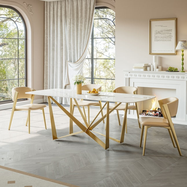 Modern Marble Dining Table Set with Gold Metal Base – Elegant 6-Seater Luxury Dining Furniture
