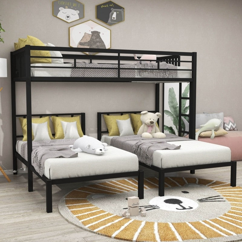 Modern Metal Bunk Bed with Double Bottom & Single Top