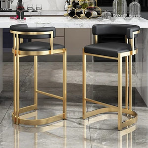 Black Leather Bar Stools with Golden Metal Frame – Modern Luxury Counter Chairs (Set of 2)