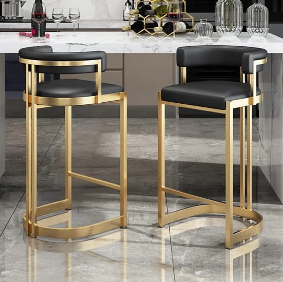 Black Leather Bar Stools with Golden Metal Frame – Modern Luxury Counter Chairs (Set of 2)