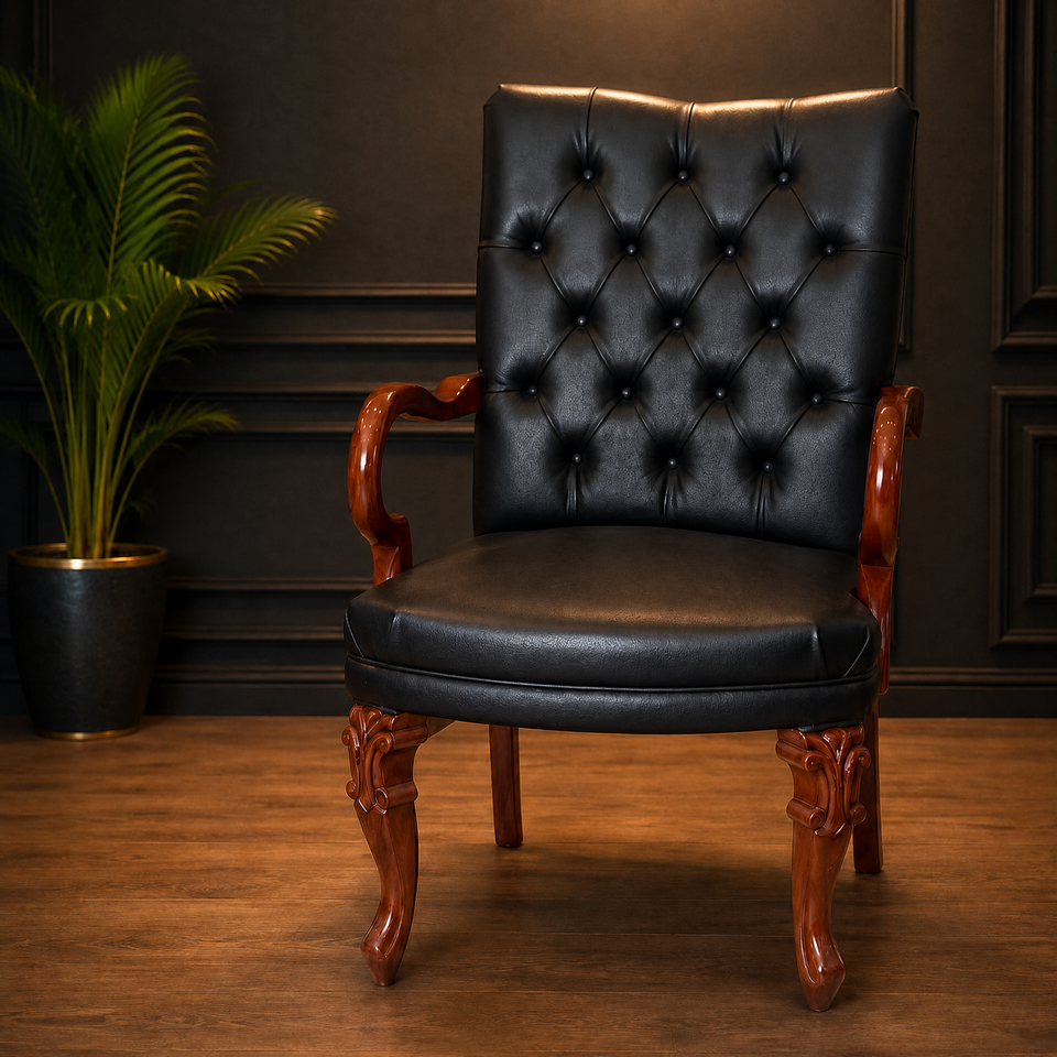 Luxury Black Leather Wooden Armchair