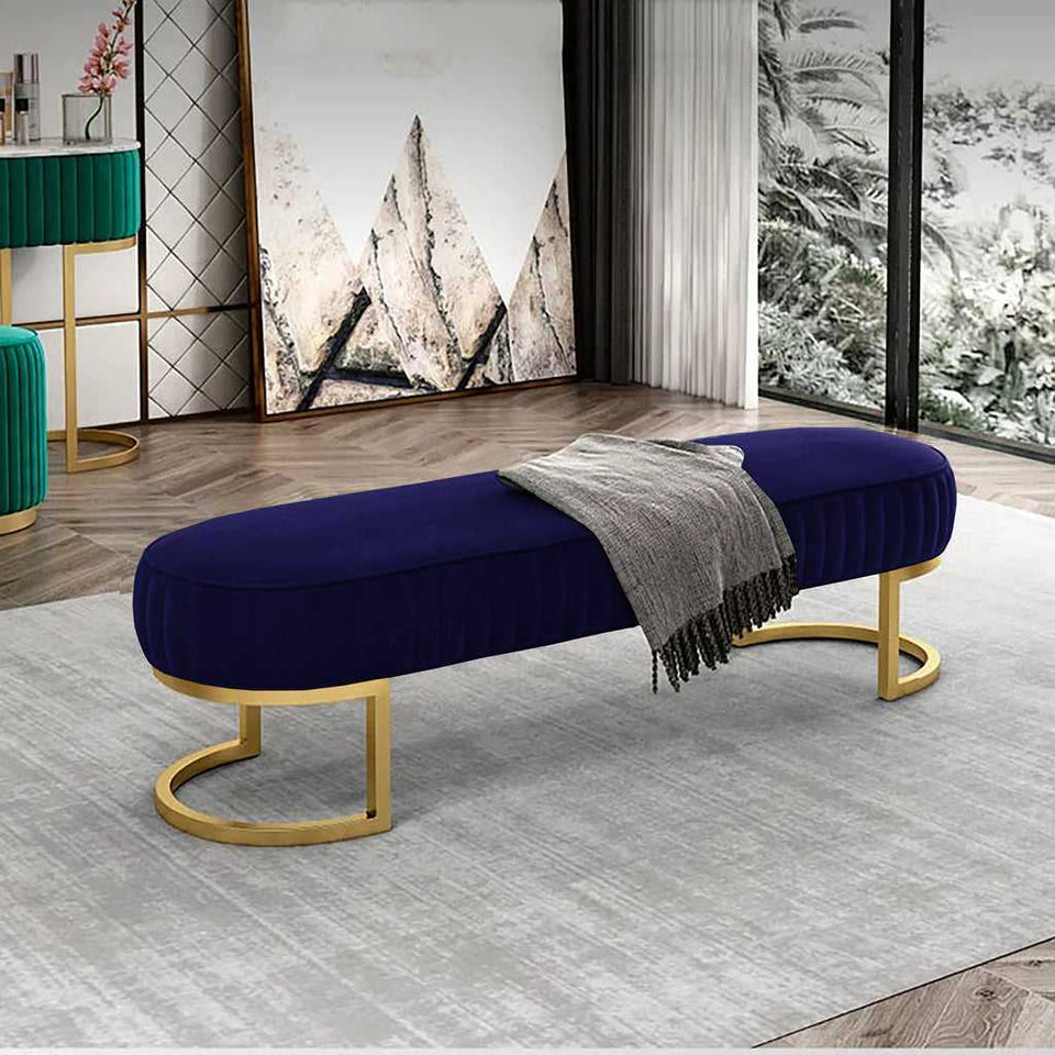 Luxury Upholstered Bench with Gold Metal Legs – Modern Beige Ottoman