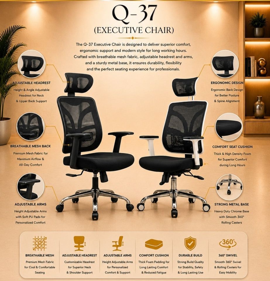 Q-37 Ergonomic Executive Office Chair with Adjustable Headrest & Arms