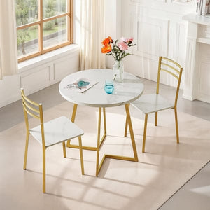 Modern Gold Metal Dining & Coffee Set – Round Marble Table with 2 Chairs