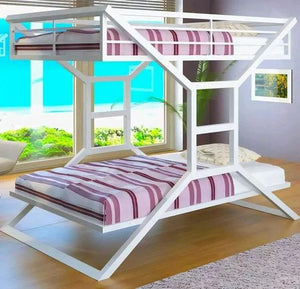 Geometric Modern White Twin Over Full Metal Bunk Bed