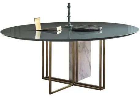 Round glass dining table with gold and marble base