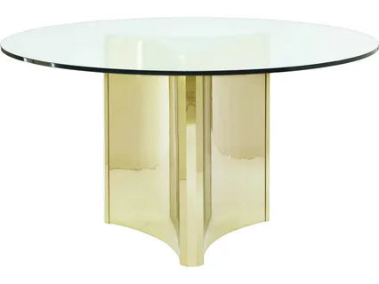 Round glass dining table with gold base and modern design