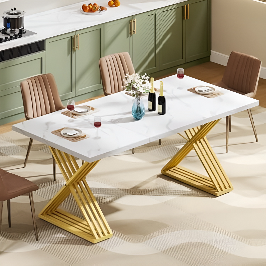 Luxury Marble Top Dining Table with Golden X-Leg Base
