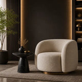 Elite Living Room Collection – Premium White Bouclé Swivel Chair, Modern Sofa & Black Marble Pedestal Table